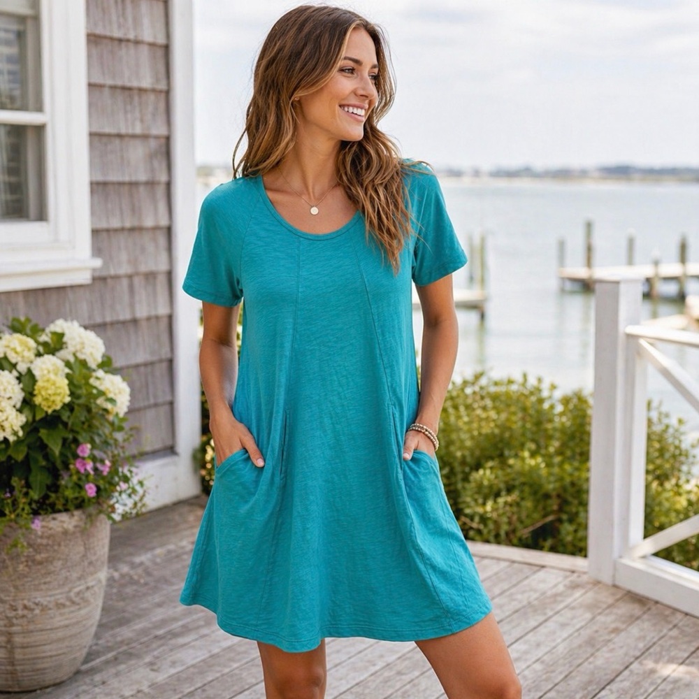 Fresh Produce Teal Cotton Pocket Dress Made in the USA XS Casual Coastal